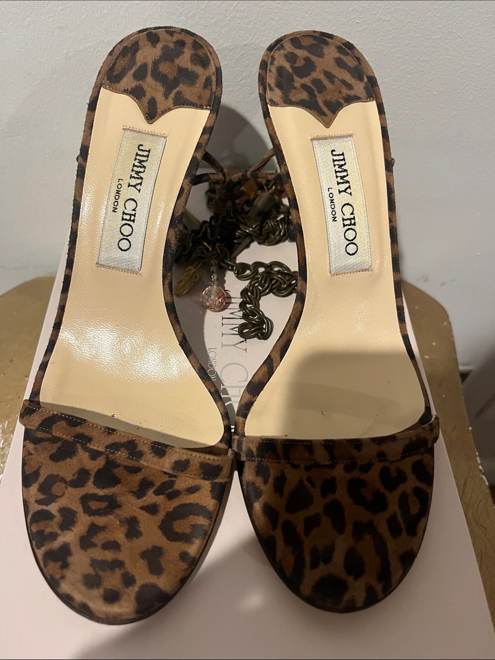 JIMMY CHOO Leopard Print Charm Ankle-Chain Strappy Sandals - Brown